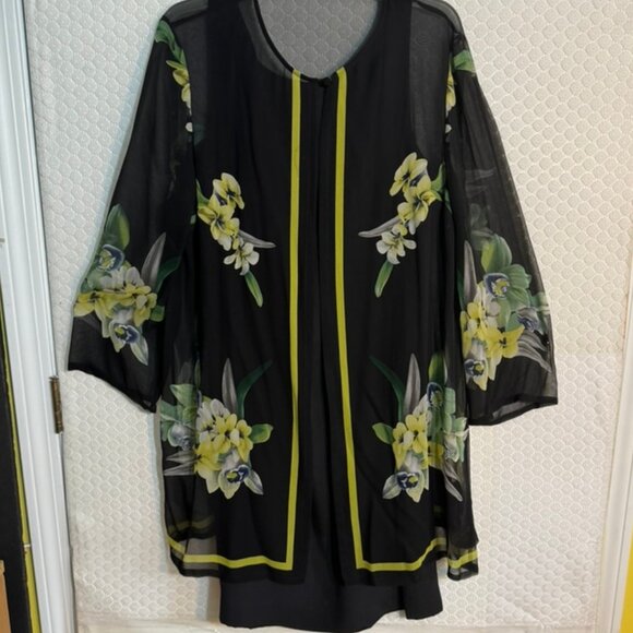 Vtg. DANA BUCHMAN Black Silk Sheath Sleeveless with Sheer Floral Jacket  Sz. 14 - Picture 1 of 10